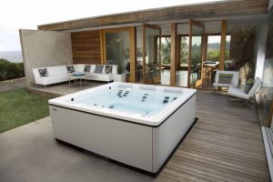 For those who own contemporary designed rental properties can choose a sleek Bullfrog Spas' STIL model like this one